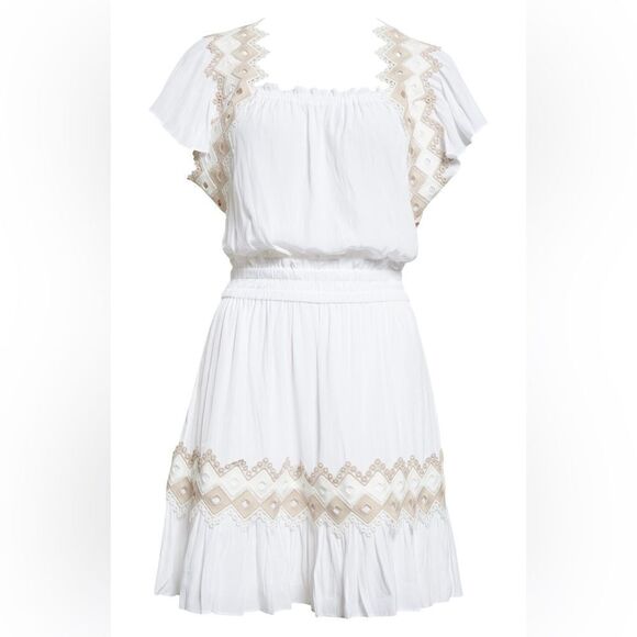 Ramy Brook White Tan Trim Mini Dress Eyelet Smocked Waist Vacation Large NWT - Picture 2 of 15